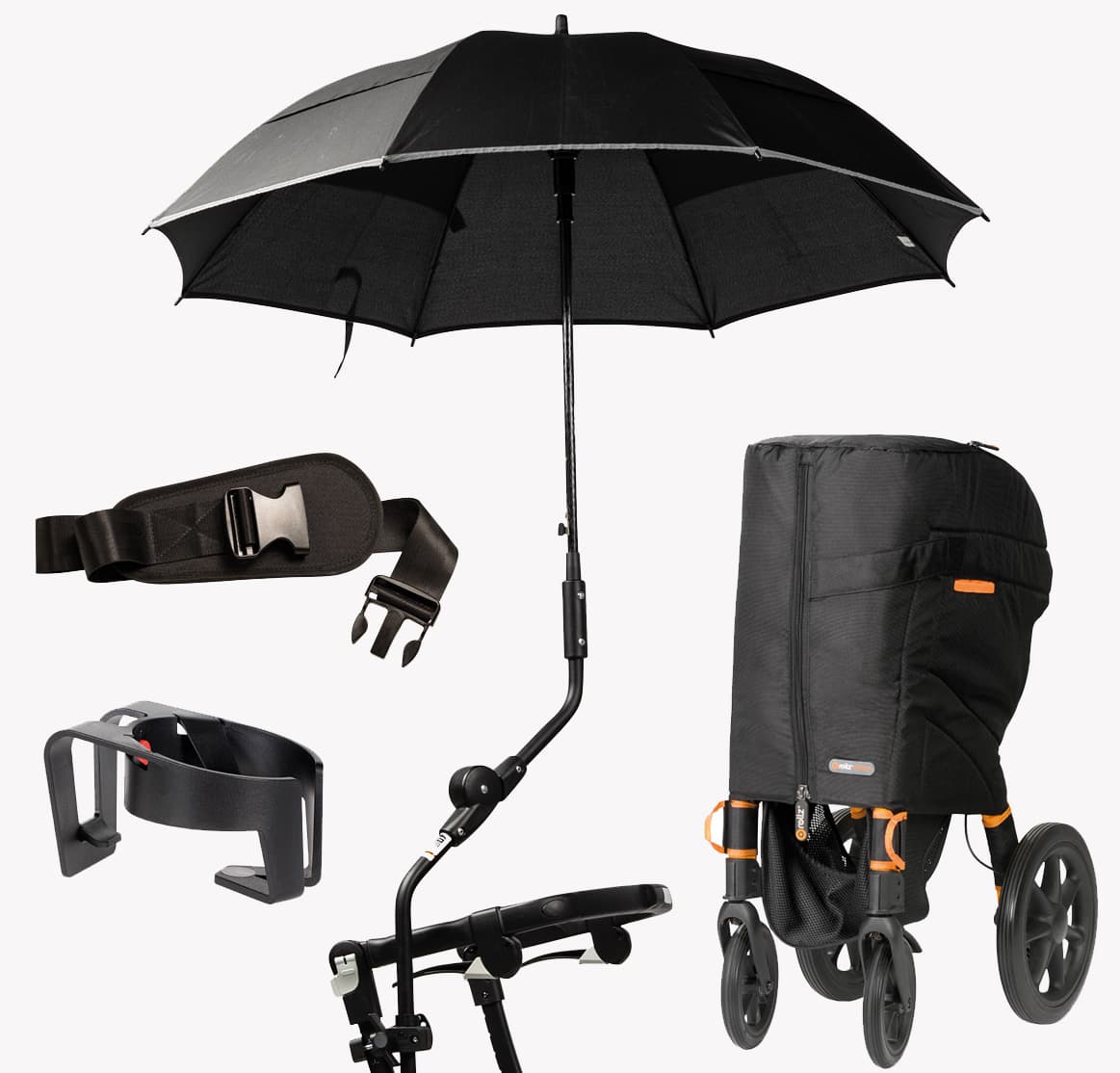 Accessoires voor de Rollz rollators: een paraplu, een gordel, een bekerhouder en een reishoes over een opgevouwen rollator.