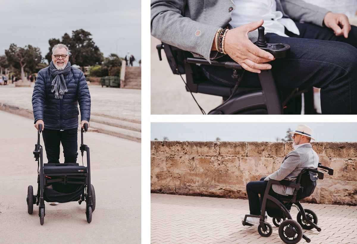 Een man met de Rollz Motion Electric: lopend als rollator, de joystick bedienen en zelfstandig rijden als elektrische rolstoel