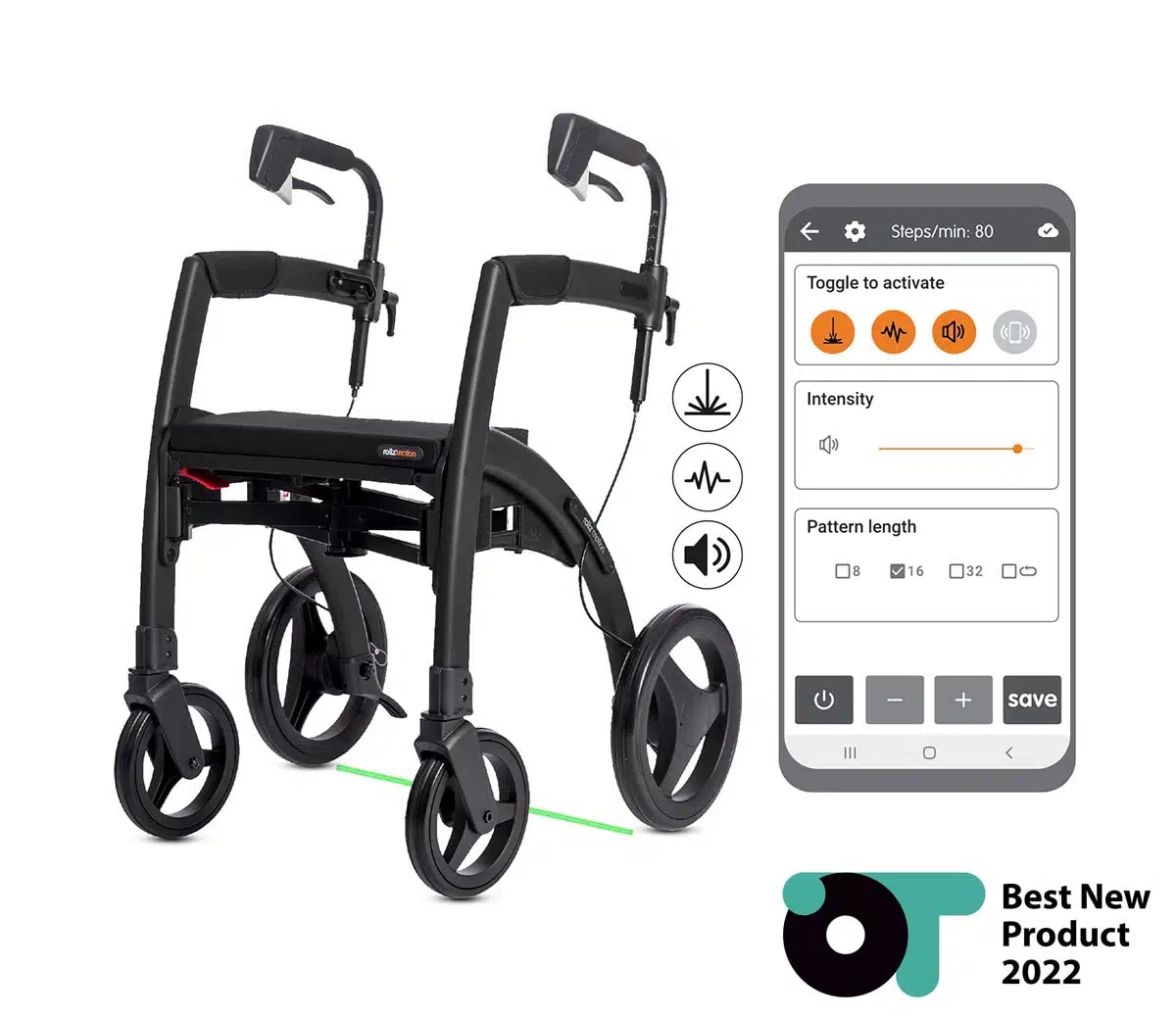 De Rollz Motion Rhythm met de app van de cueing-module, bekroond als Best New Product 2022 op de OT Show.