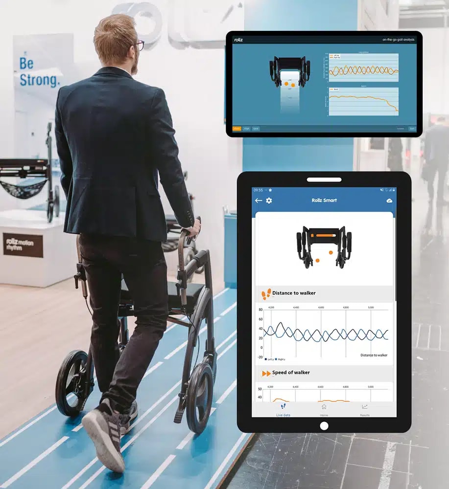 Een man loopt met een Rollz Motion terwijl de app zijn looppatroon live analyseert.