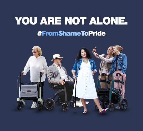 Vier mensen met een Rollz rollator en rolstoel onder de tekst You are not alone, #fromshametopride
