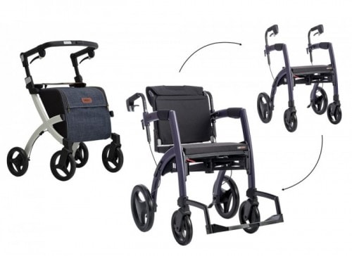De Rollz Motion als rollator en omgebouwd tot rolstoel, met pijlen die het ombouwen laten zien