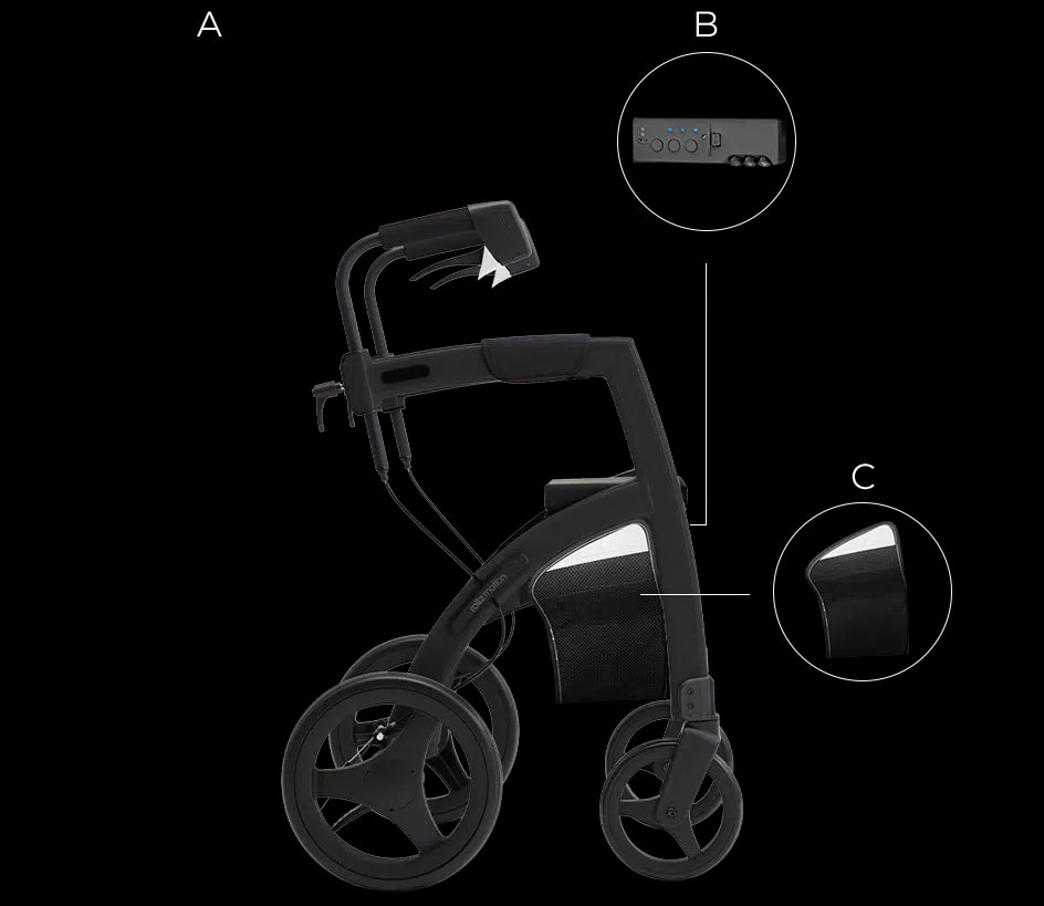 Inhoud van de doos van de Rollz Motion Rhythm: rollator, cue-module en bagagetas