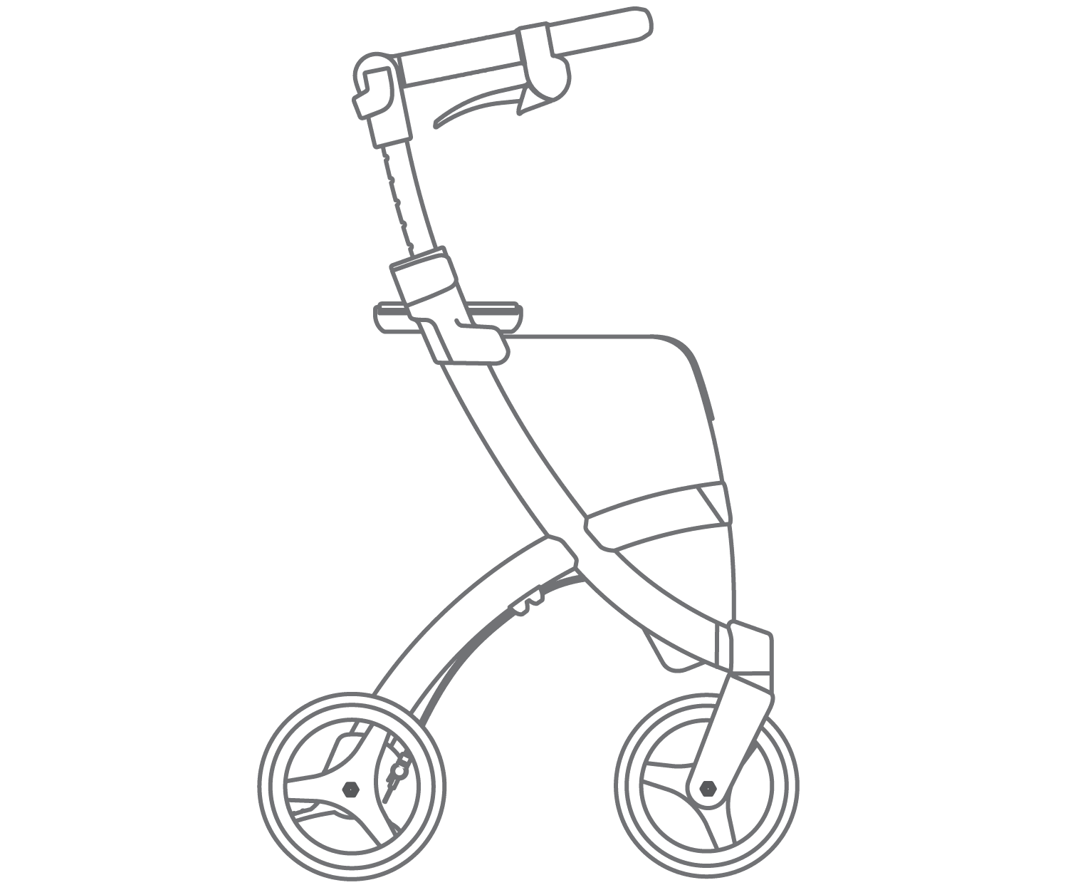 Lijntekening van de Rollz Flex rollator met tas