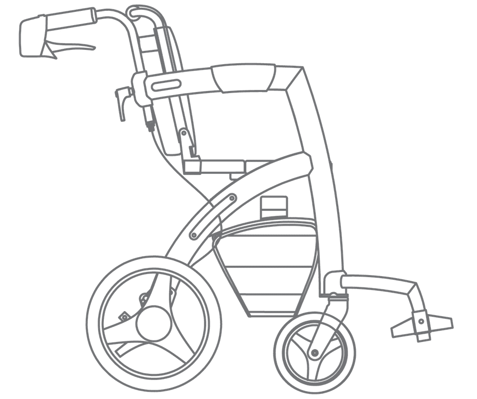 Lijntekening van de Rollz Motion Performance als rolstoel in zijaanzicht