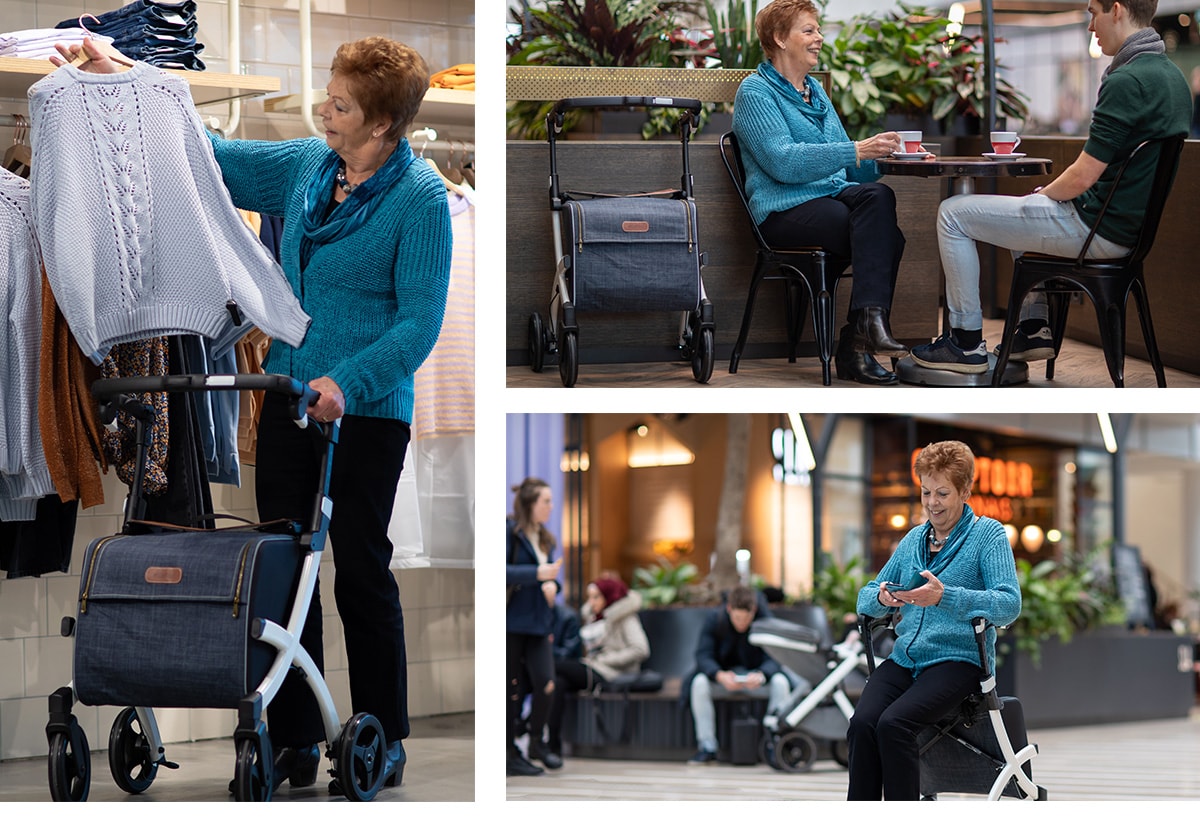 Een vrouw met de Rollz Flex: winkelen, op een terras zitten en uitrusten op het zitje in een winkelcentrum