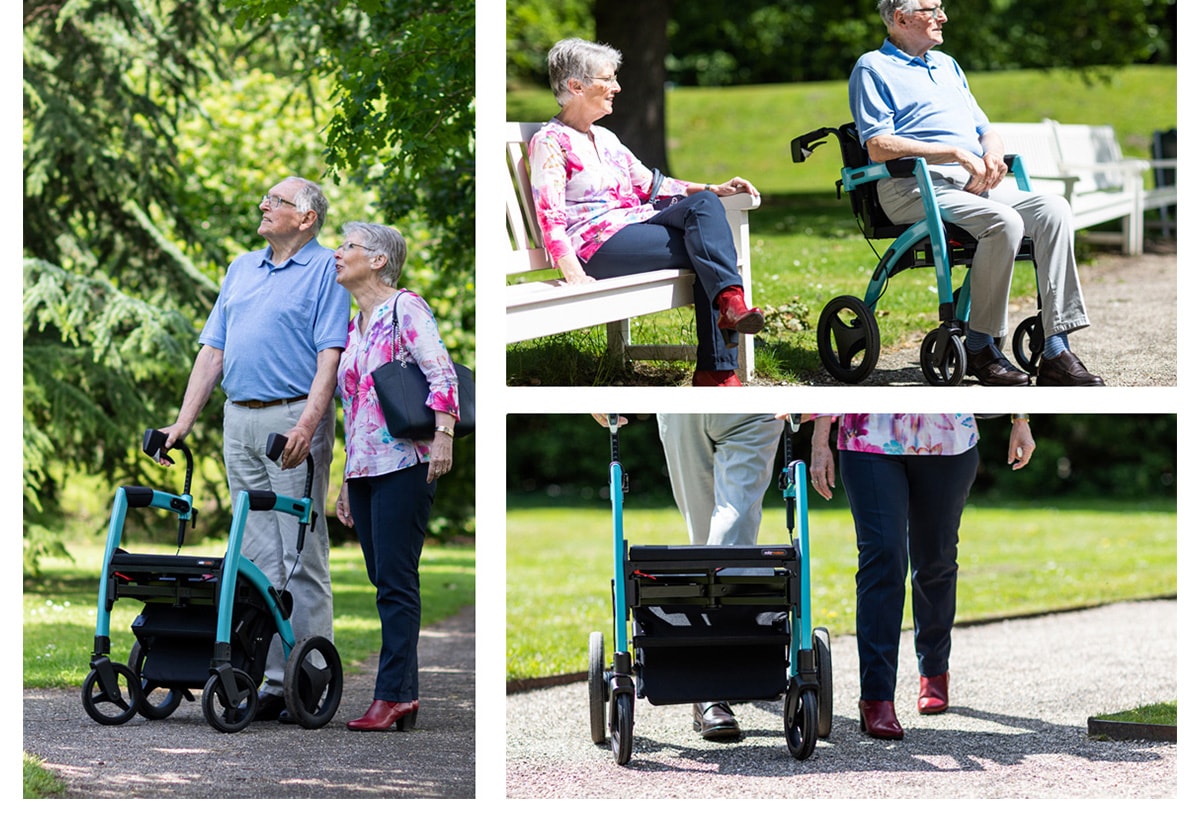 Een ouder stel in het park met de Rollz Motion: samen wandelen en uitrusten op een bankje