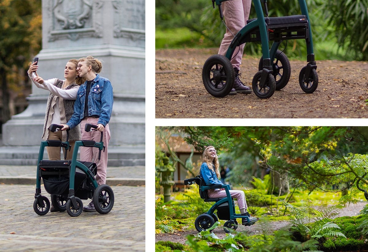 Twee vriendinnen met de groene Rollz Motion Performance: een selfie in de stad, de luchtbanden op een bospad en zitten in de rolstoelstand tussen de varens