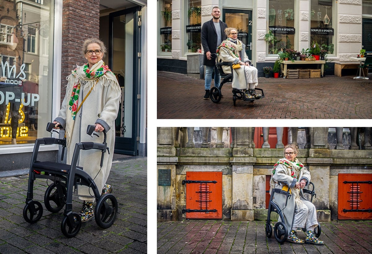 Een vrouw met de Rollz Motion Rhythm in de stad: lopend voor een winkel en als rolstoel geduwd door een begeleider