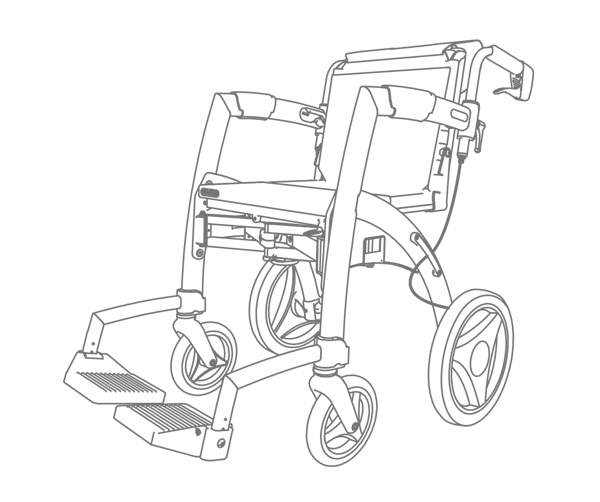 Lijntekening van de Rollz Motion als rolstoel met voetsteunen
