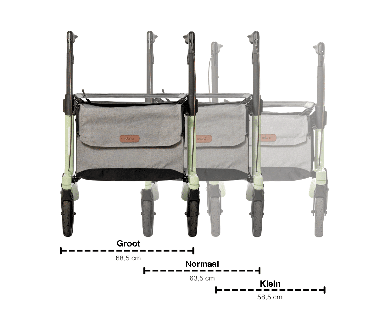 Maatvoering van de Rollz Air: de breedte van de rollator per maat