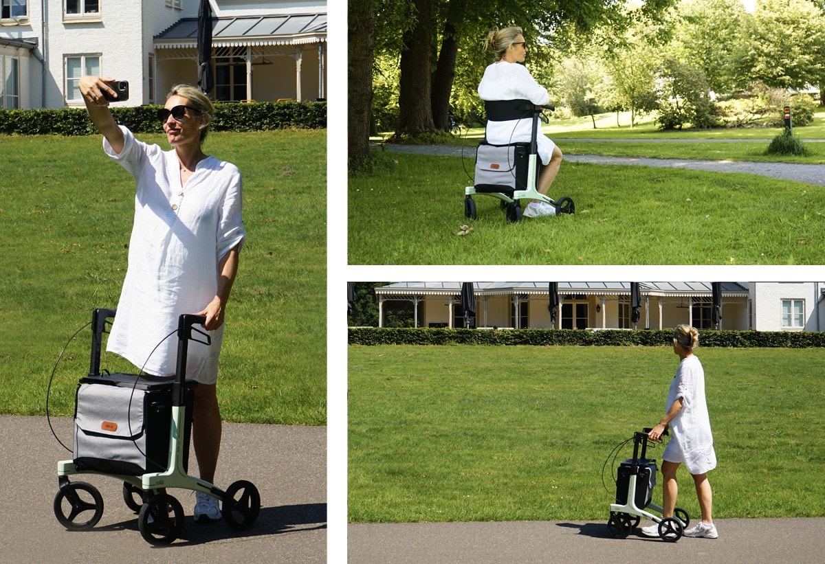 Een vrouw met de Rollz Air in het park: een selfie maken, uitrusten op het zitje en wandelen over het gras