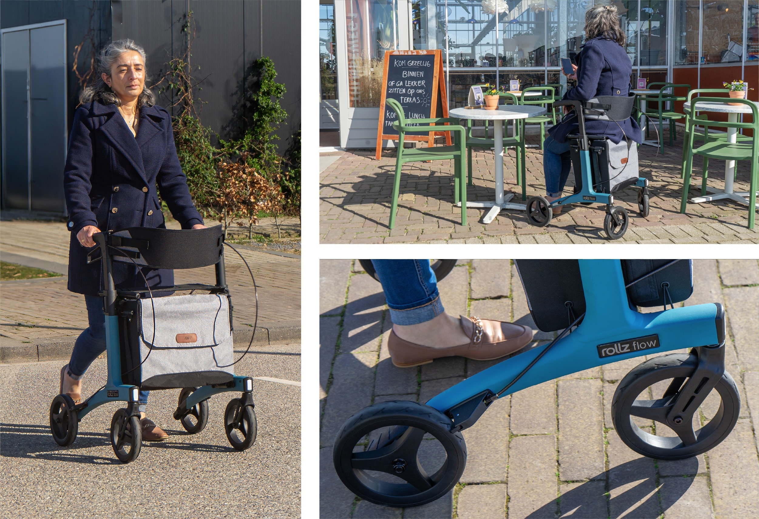 Een vrouw met de Rollz Flow bij een terras: lopend, zittend aan tafel en een close-up van het wiel