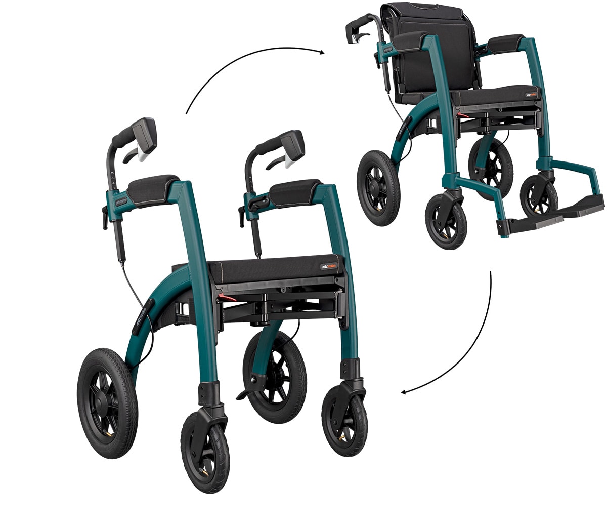 De Rollz Motion Performance in jungle green met luchtbanden achter, in rollatorstand en daarachter omgebouwd tot rolstoel.