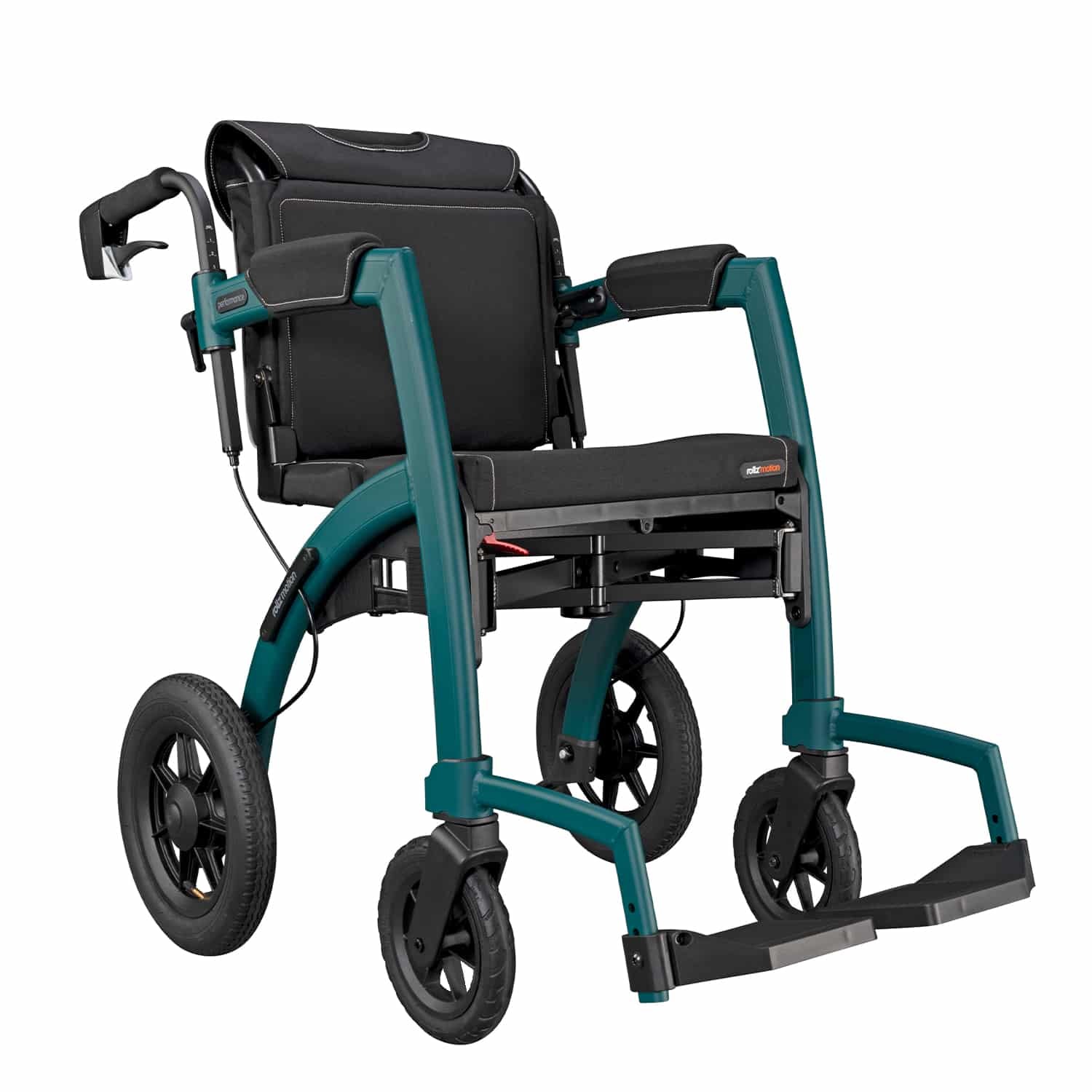 De Rollz Motion Performance in Jungle Green, in rolstoelstand met rugleuning en voetsteunen.