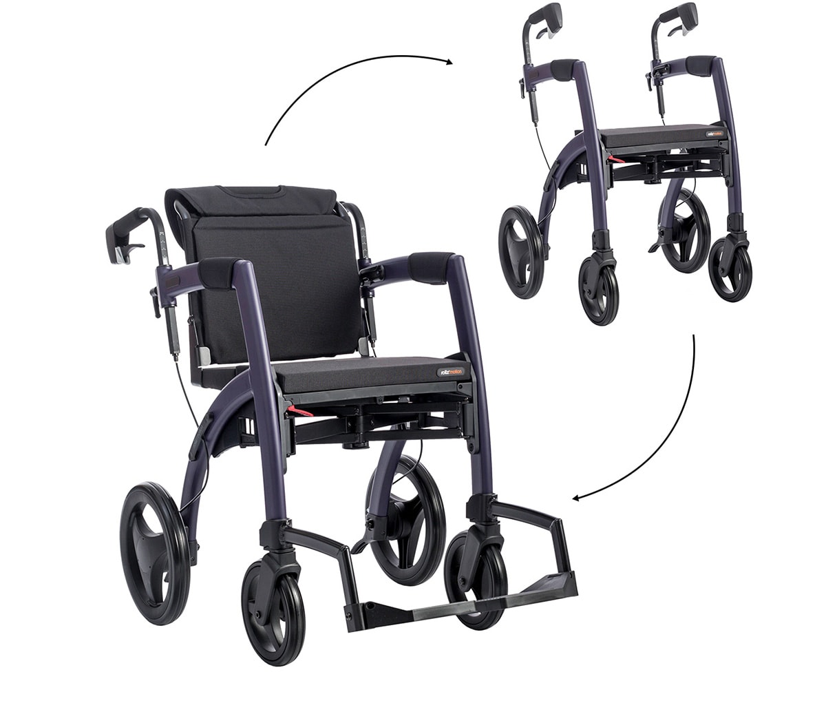 De Rollz Motion in dark purple, omgebouwd van rollator tot rolstoel met rugleuning en voetsteun, met pijlen die het omklappen aangeven.