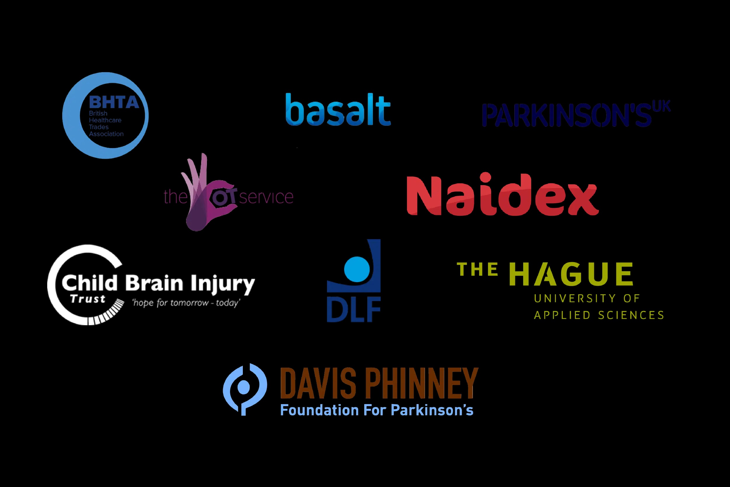 Logo's van partners van Rollz: BHTA, Basalt, Parkinson's UK, The OT Service, Naidex, DLF, De Haagse Hogeschool en de Davis Phinney Foundation.