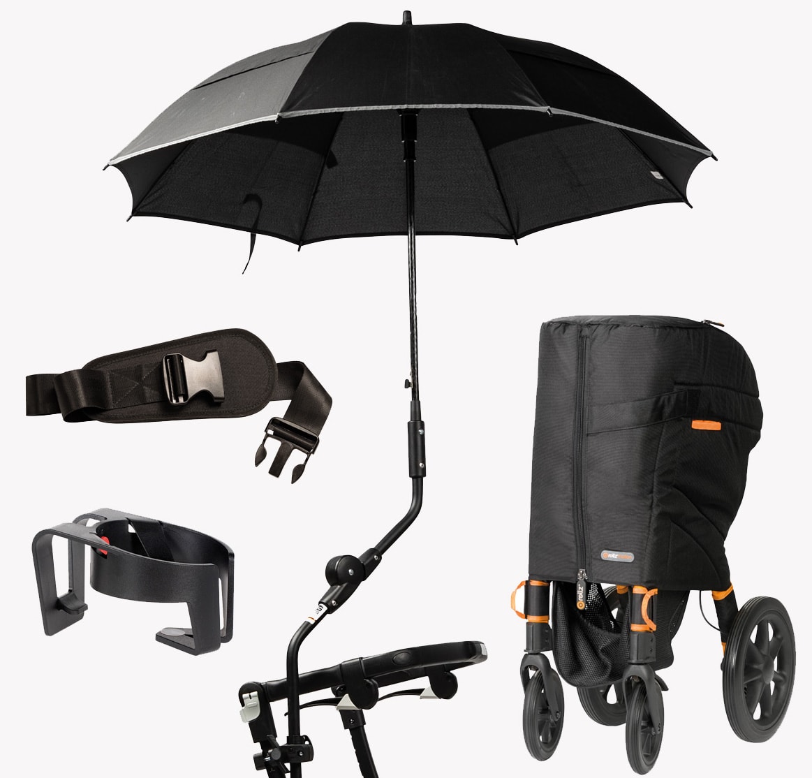 Accessoires voor de Rollz rollators: een paraplu, een gordel, een bekerhouder en een reishoes over een opgevouwen rollator.