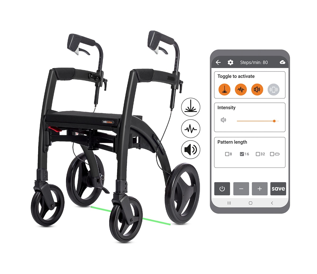 De Rollz Motion Rhythm in matt black met de groene laserlijn op de grond, naast het scherm van de app waarin de drie cues worden ingesteld.