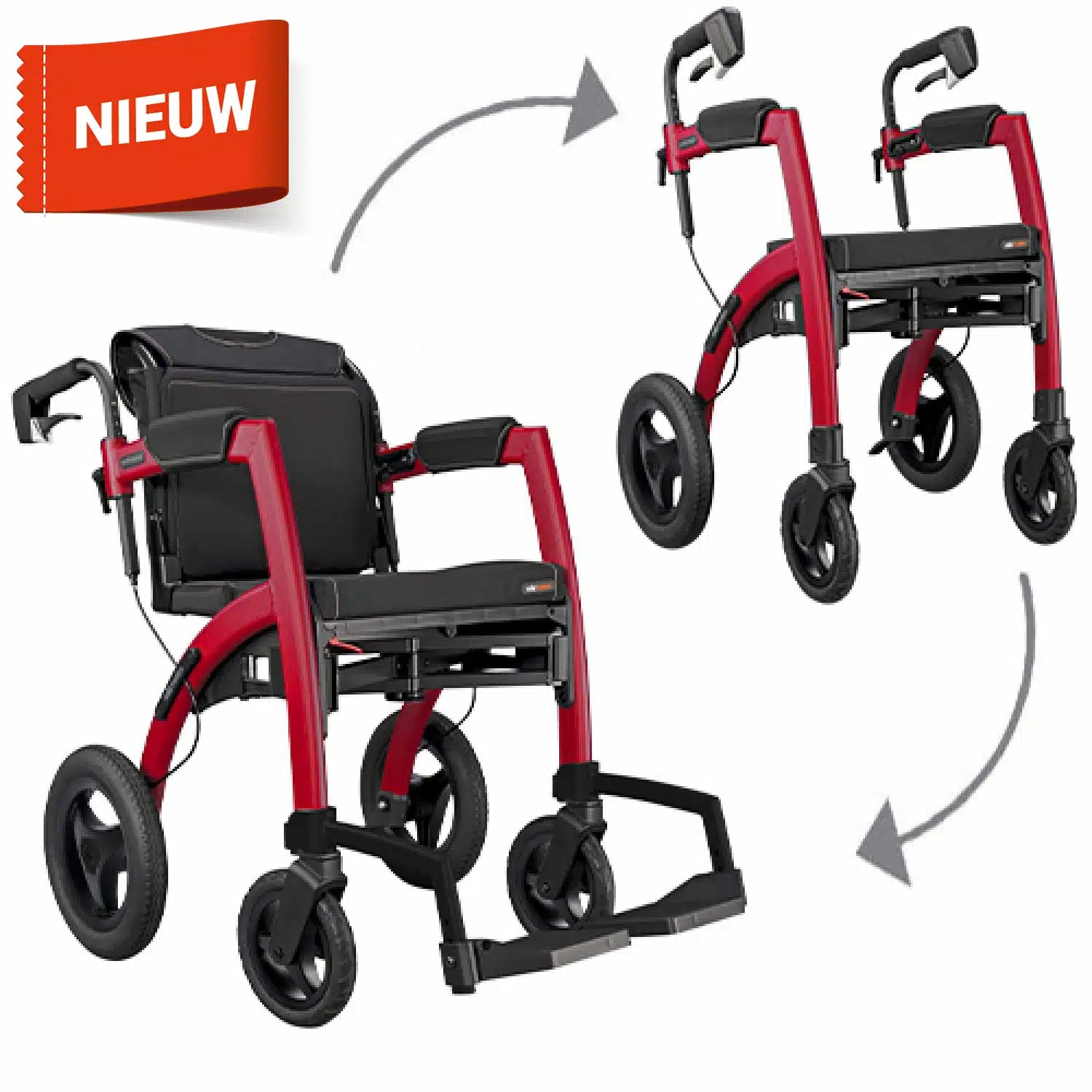 De Rollz Motion Performance in Ruby Red, als rolstoel en als rollator, met pijlen die de omzetting tussen beide tonen.