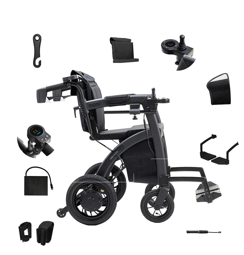 De Rollz Motion Electric met alle onderdelen eromheen: joystick, bedieningspaneel voor de duwondersteuning, accu, rugleuning, voetsteunen en bandenpomp.