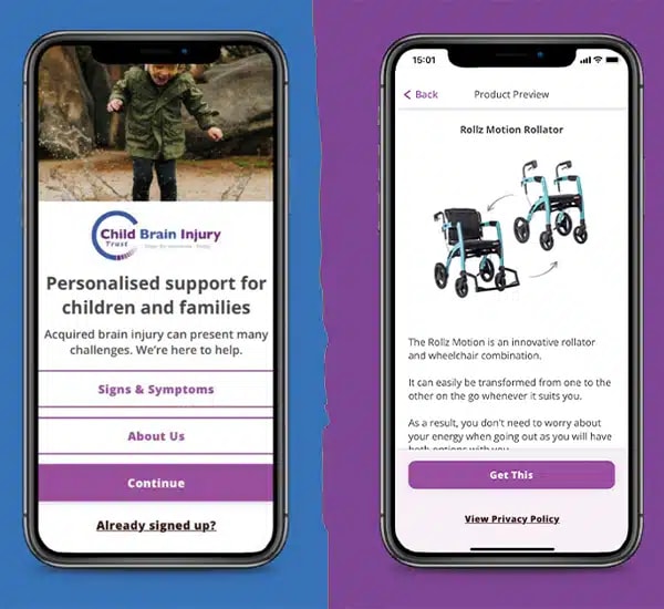 Twee telefoonschermen van de Child Brain Injury Trust app, met de Rollz Motion op de Marketplace.
