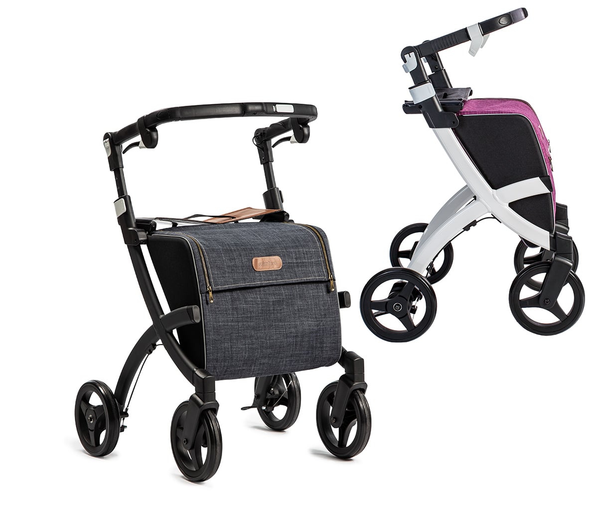 Rollz Flex, zwart frame, denim grey tas, klassieke rem en Rollz Flex, wit frame, bright purple tas, fliprem